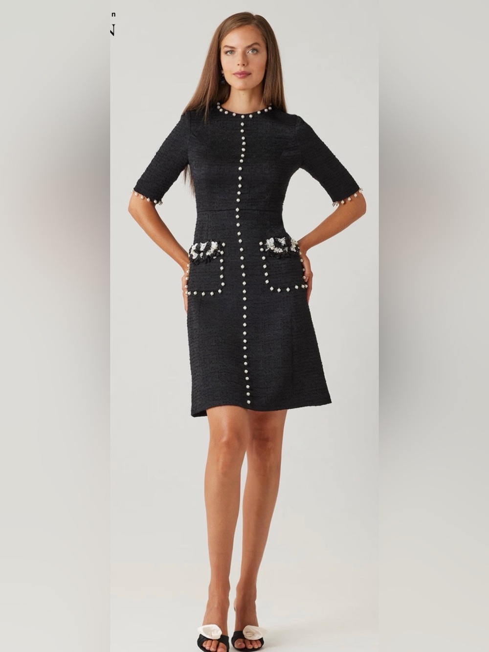 Teri Jon Black Tweed Mini Dress with Pearl Trim